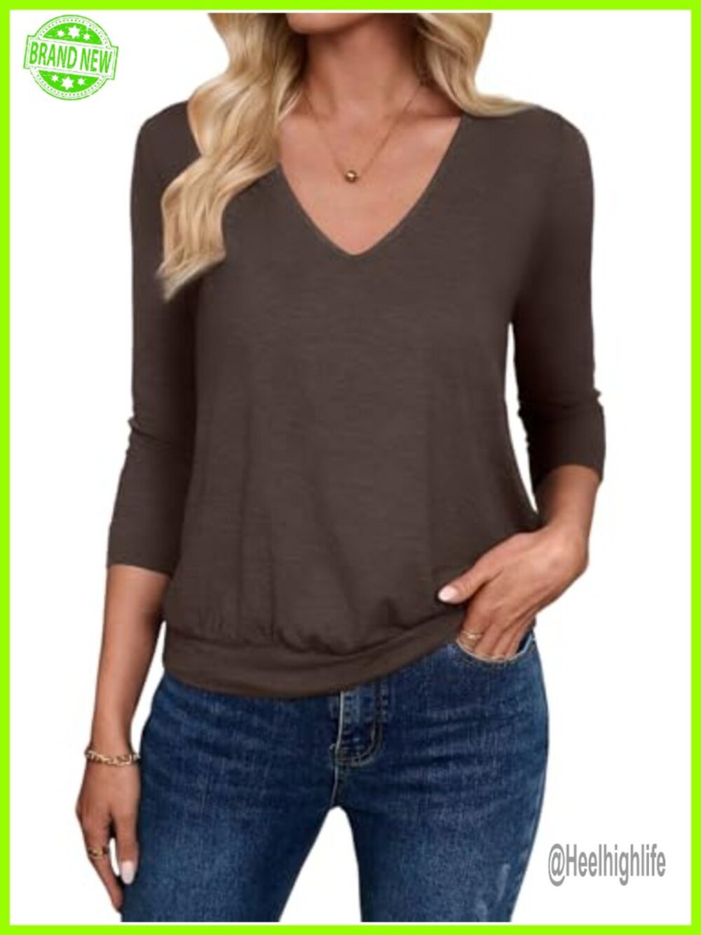 Sialois Women's 3/4 Sleeve V Neck Banded Bottom Tunic Blouse Casual Top